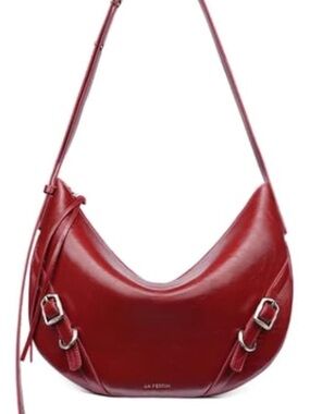 Curved Red Leather Shoulder Bag with Buckle Accents